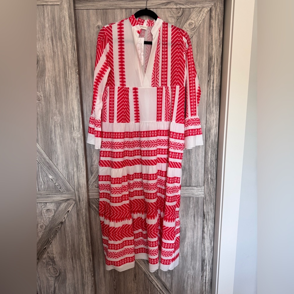 Red & White Long Sleeve Maxi Dress with Geometric Print